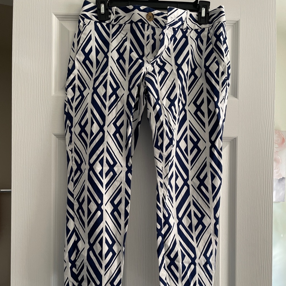 White/Blue Geometric Print Crop Pant Women's Size 2P